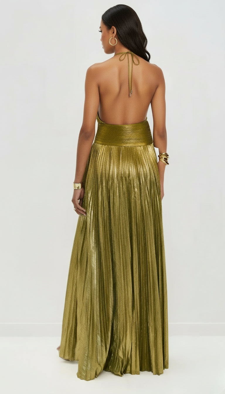 Gold Halter Backless Pleated Evening Dress – Elegant Slit Party Gown