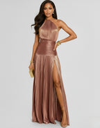 Gold Halter Backless Pleated Evening Dress – Elegant Slit Party Gown