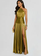 Gold Halter Backless Pleated Evening Dress – Elegant Slit Party Gown
