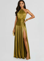 Gold Halter Backless Pleated Evening Dress – Elegant Slit Party Gown