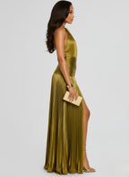 Gold Halter Backless Pleated Evening Dress – Elegant Slit Party Gown