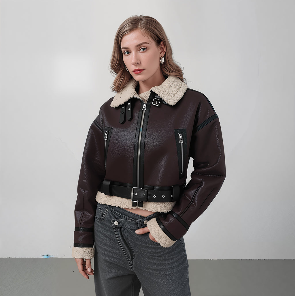 Women’s PU Shearling Moto Jacket – Short Belted Streetwear Biker Coat for Winter