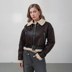 Women’s PU Shearling Moto Jacket – Short Belted Streetwear Biker Coat for Winter