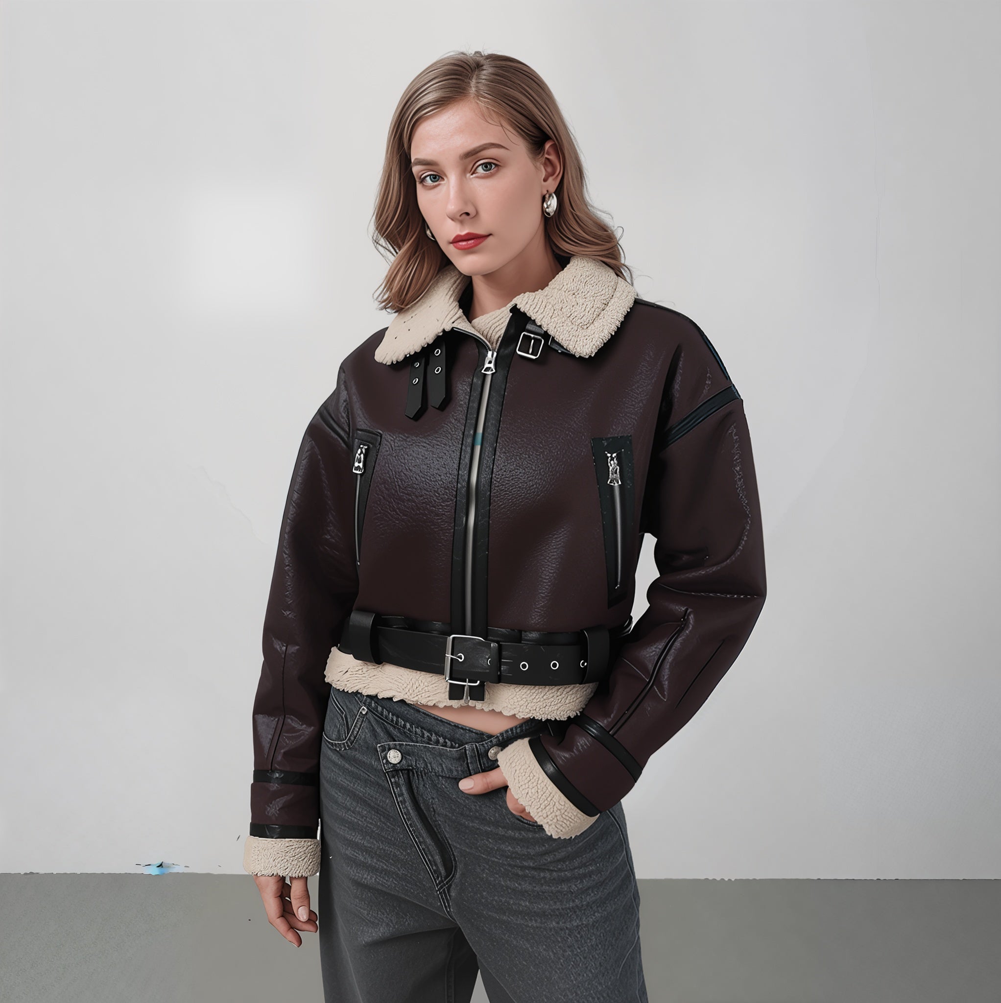 Women’s PU Shearling Moto Jacket – Short Belted Streetwear Biker Coat for Winter
