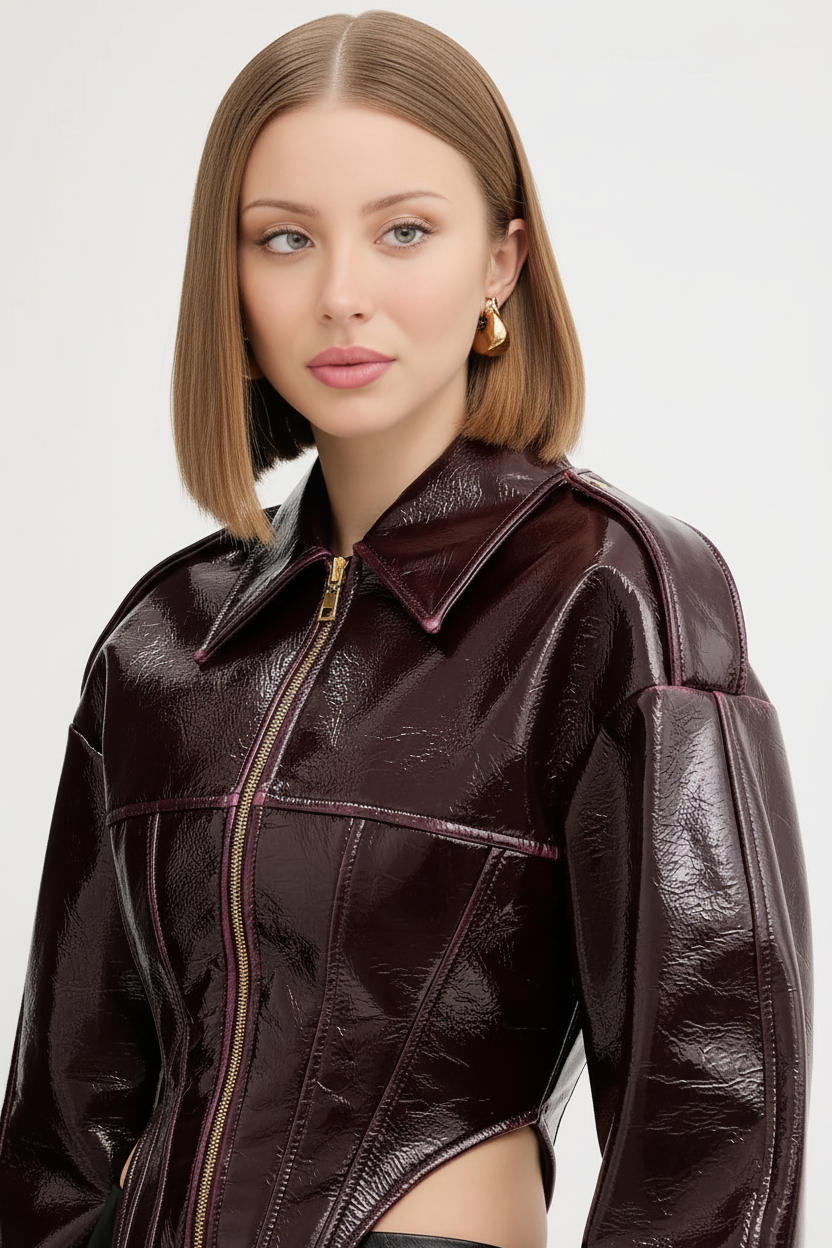 Taillierte Kunstleder-Reißverschlussjacke