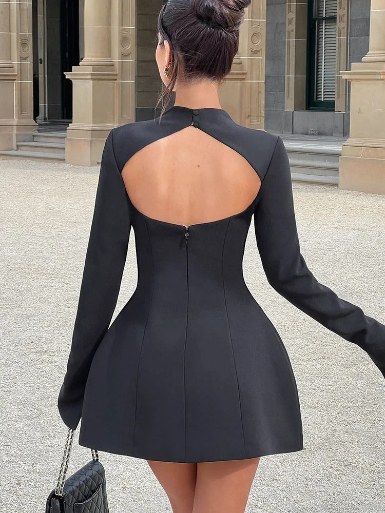 Women’s Backless Bodycon Mini Dress – Long Sleeve, High Neck Fit