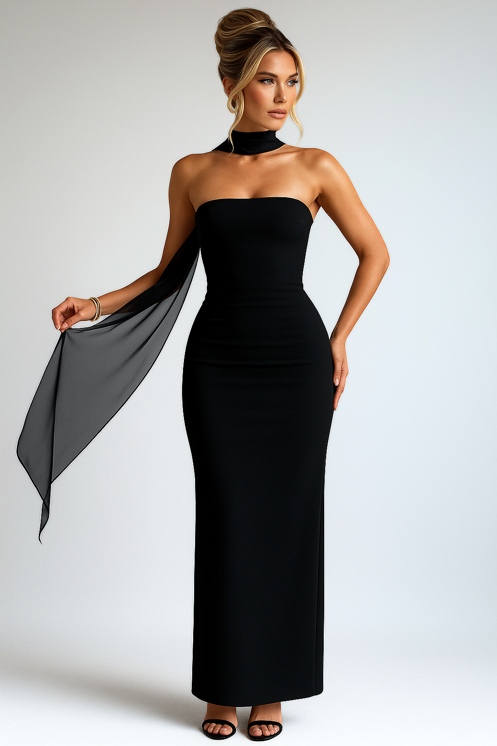Strapless Maxi Dress – Bodycon Fit with Flowing Neck Scarf