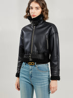 PU Leather Biker Jacket – Belted Fit with Shearling Lining