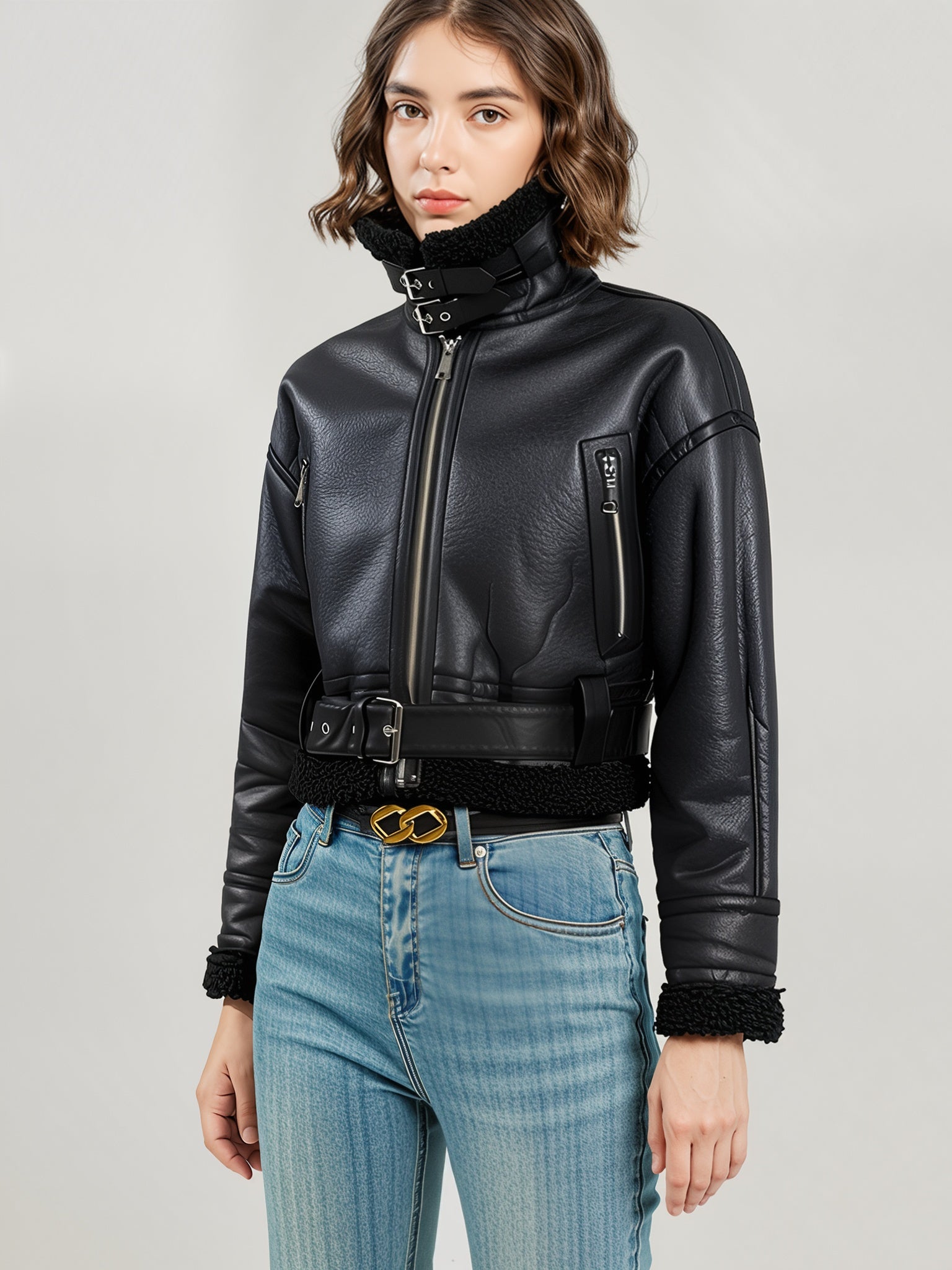 PU Leather Biker Jacket – Belted Fit with Shearling Lining