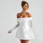 Off-Shoulder Mini Dress – A-Line Fit with Lace Long Sleeves