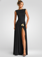 Metal Flower Backless Ruched Maxi Dress