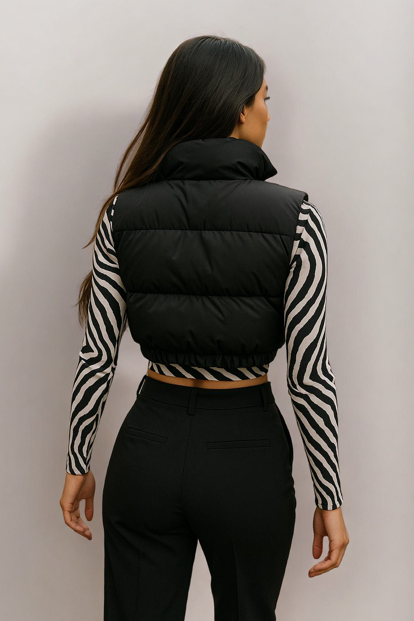 Women's Cropped Puffer Vest – Black Stand Collar Winter Layer