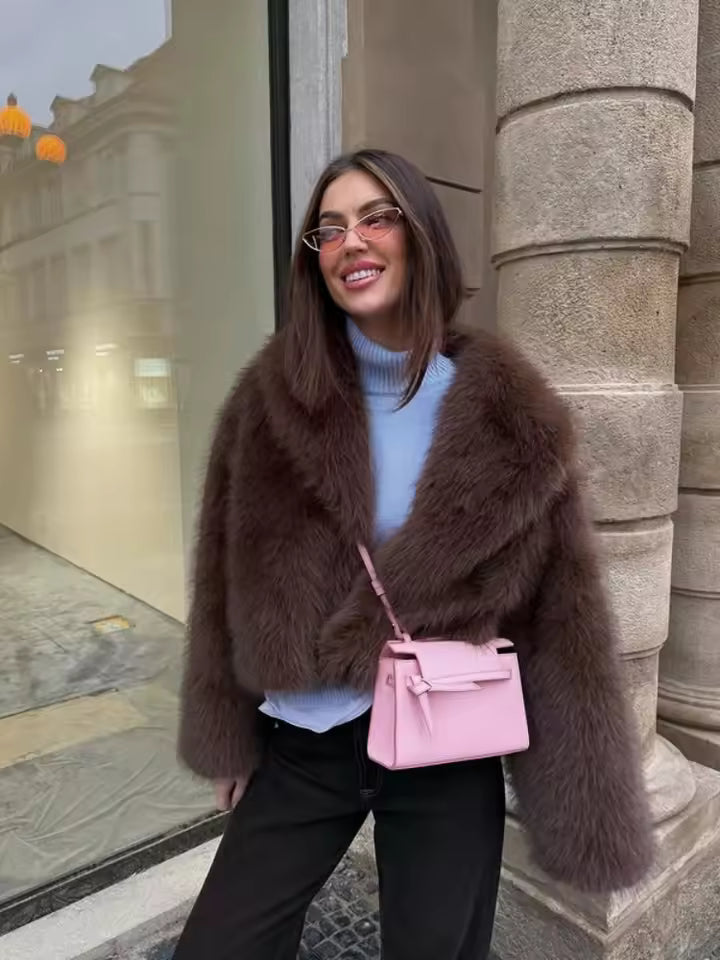 Women's Retro Plush Vegan Fur Lapel Jacket – Soft Cropped Winter Coat