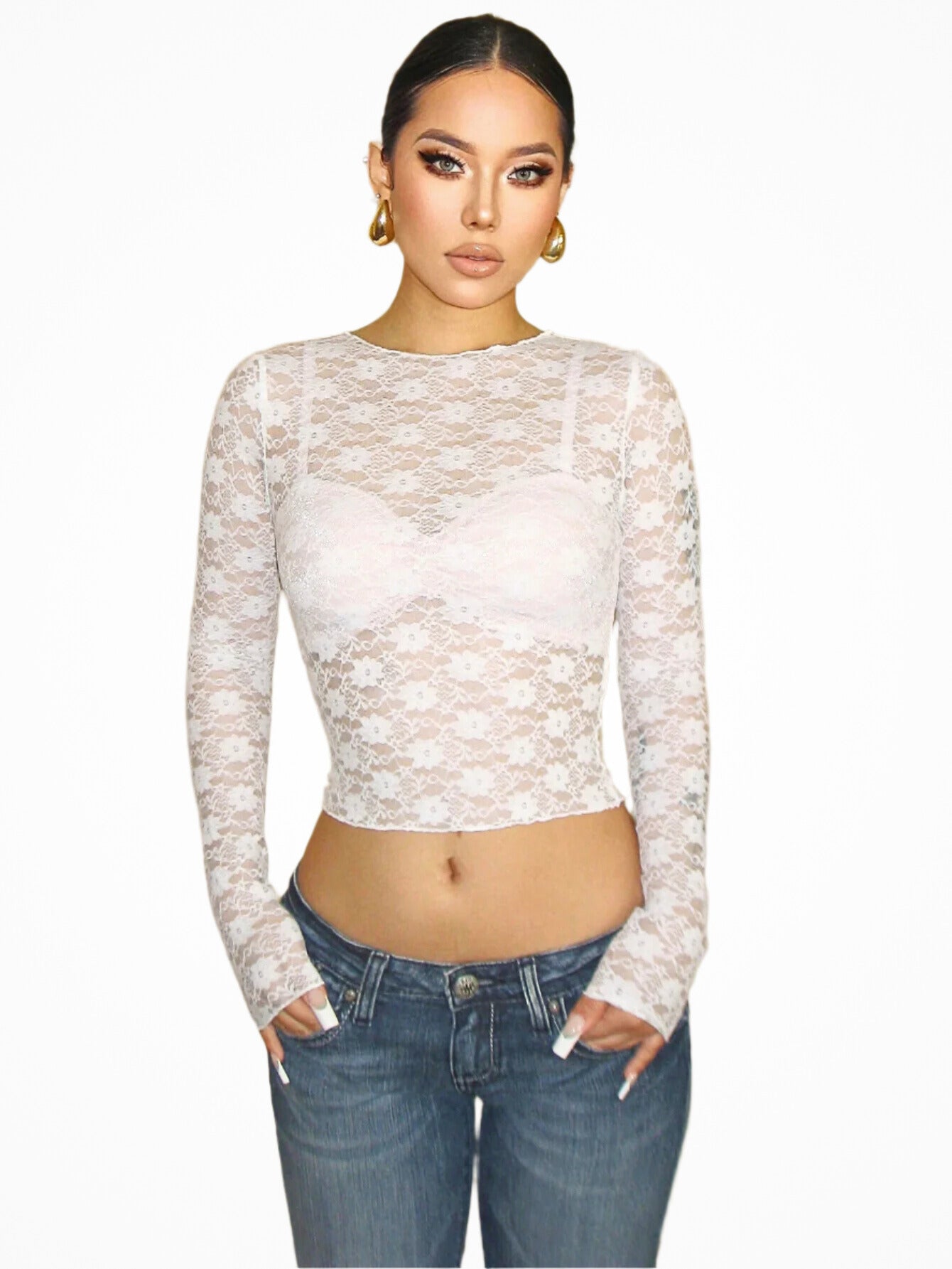Transparentes Langarm-Top mit floraler Spitze – Romantische Clubwear &amp; Frühlingslook