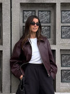 Wine Red Faux Leather Jacket – Minimalist Zip-Up Outerwear