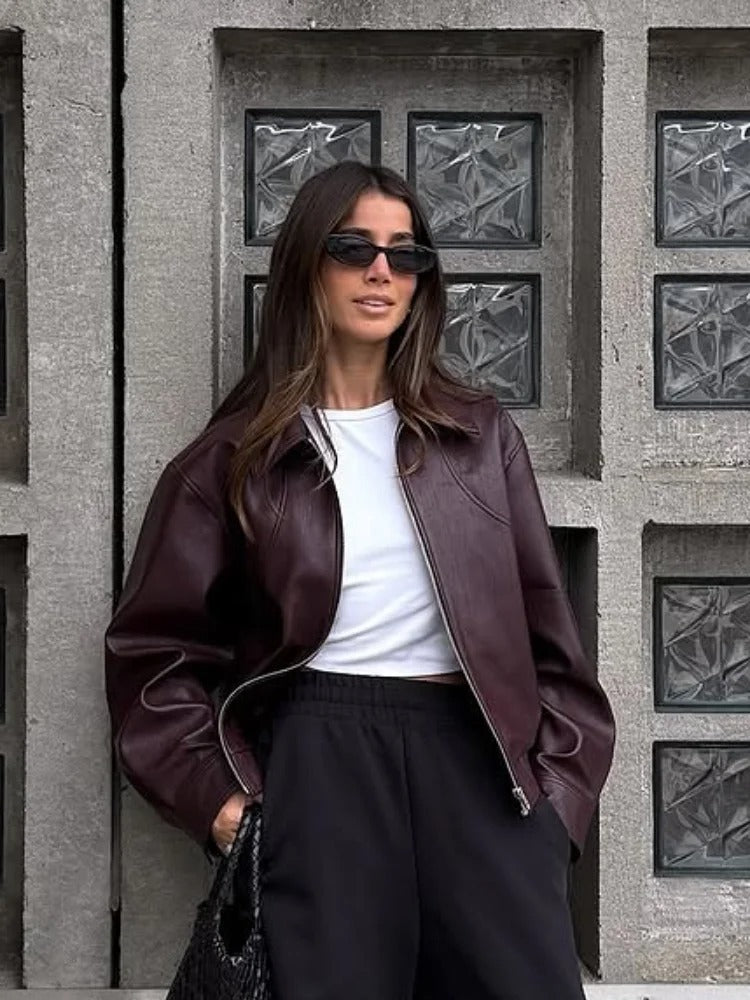 Wine Red Faux Leather Jacket – Minimalist Zip-Up Outerwear
