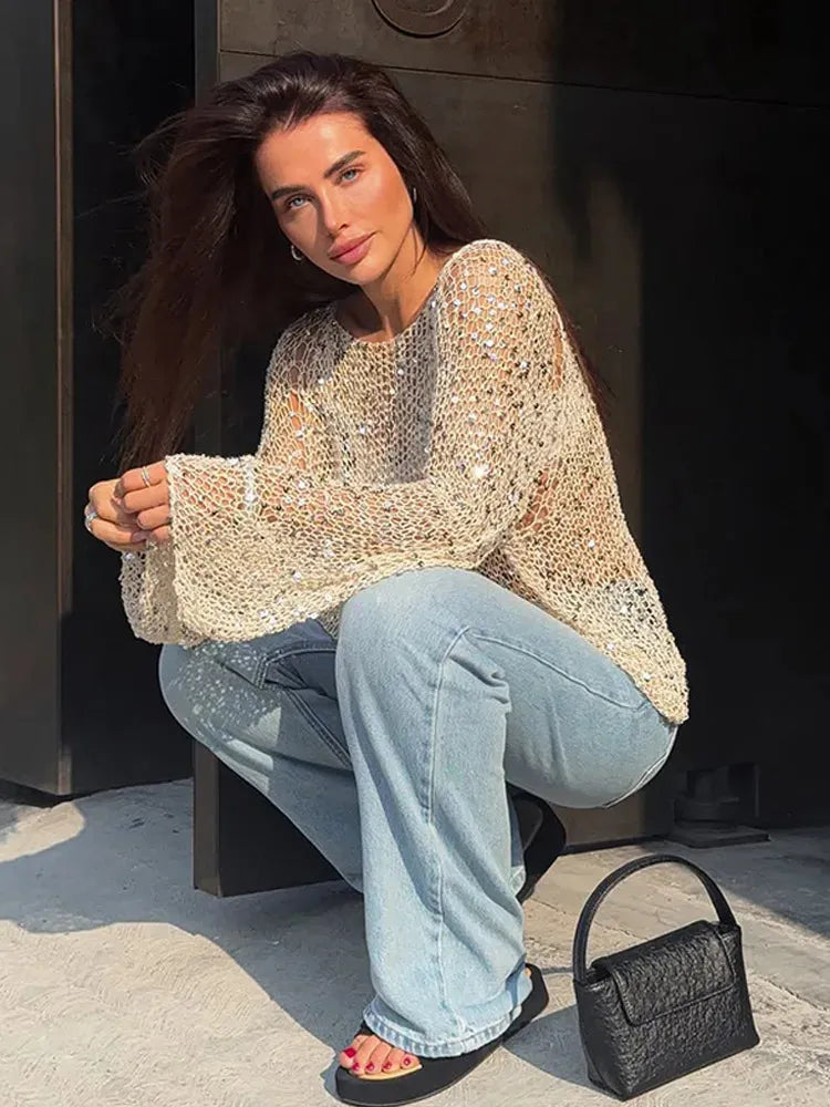 Sheer Knit Sweater – Glimmer Effect with Relaxed Fit