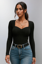 Sweetheart Ribbed Knit Top – Slim Fit Long Sleeve Basic