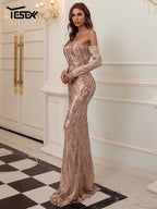 Off-Shoulder Sequin Maxi Dress