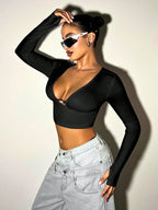Deep V-Neck Long Sleeve Crop Top
