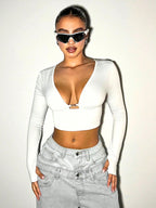 Deep V-Neck Long Sleeve Crop Top