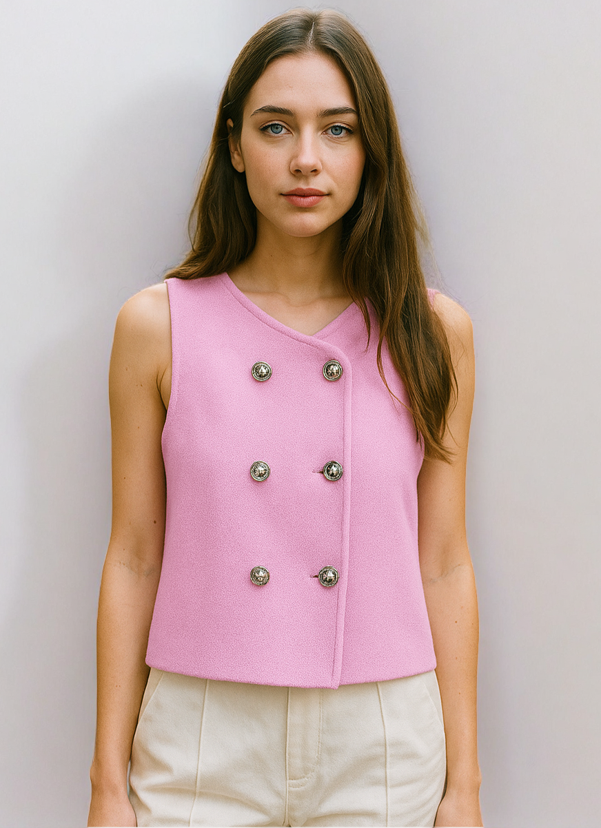 Women’s Cropped Pink Vest – Double-Breasted Sleeveless Top