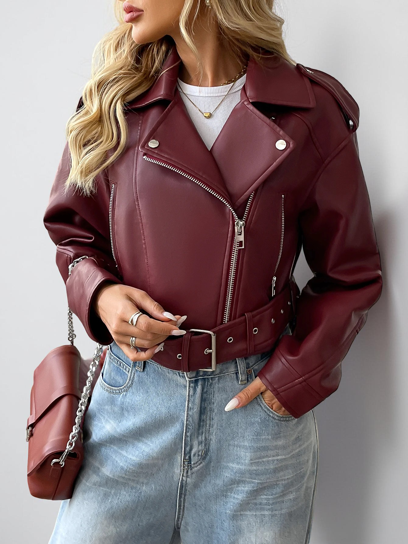 Veste de moto en cuir pour femme avec ceinture – Manteau court décontracté bordeaux