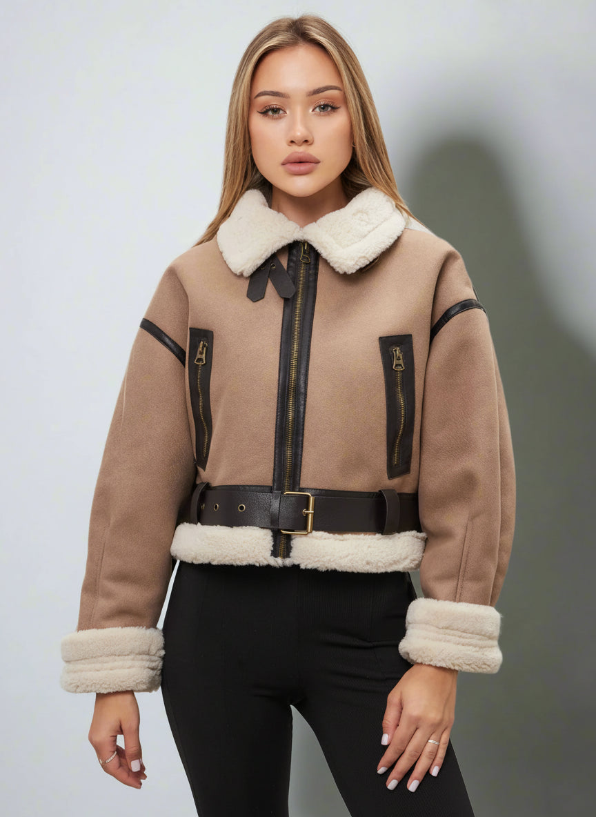 Dámská termo bomber bunda z ovčí kůže – silný vintage zimní kabát s šerpou a klopou 