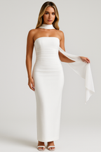 Strapless Maxi Dress – Bodycon Fit with Flowing Neck Scarf