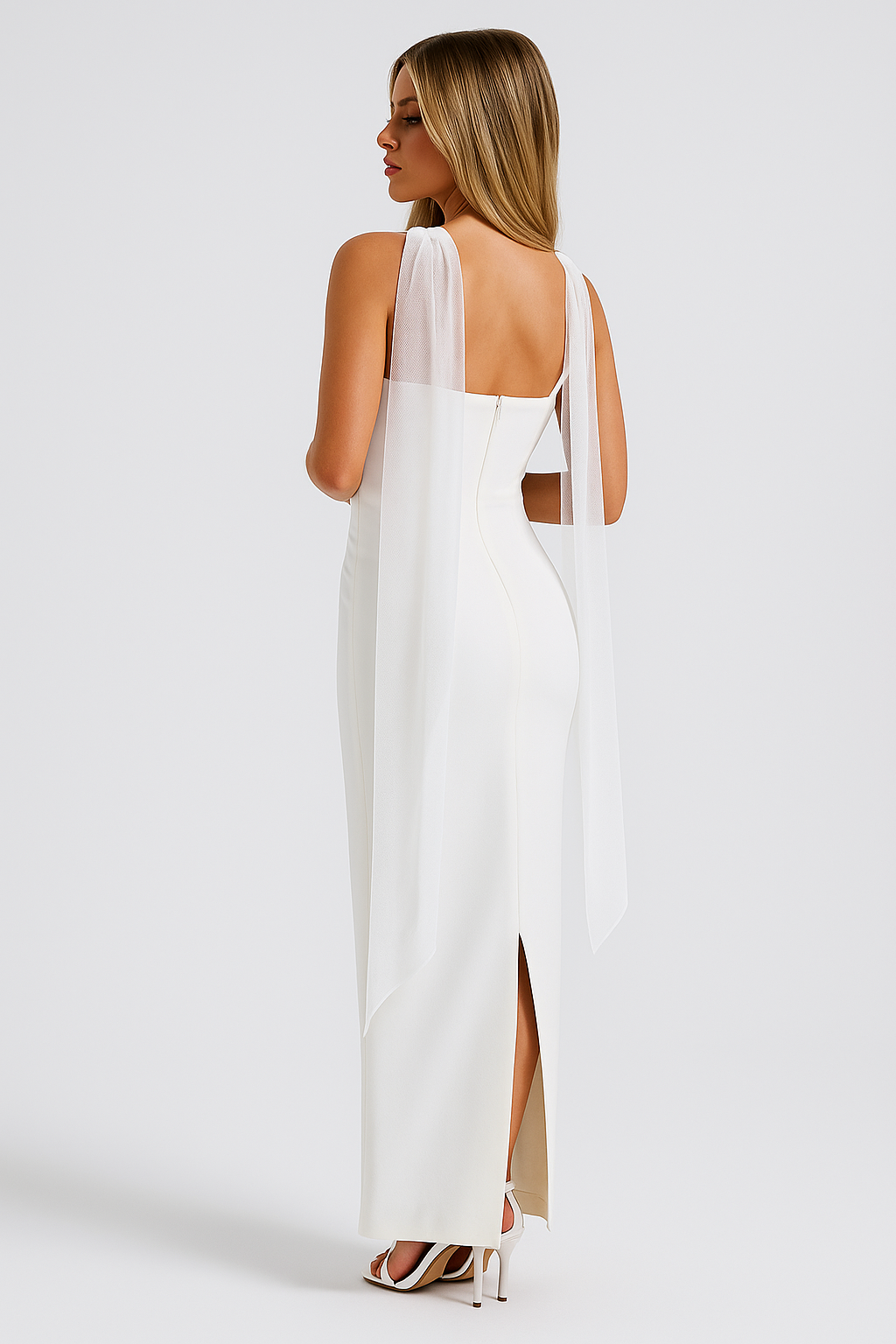 Strapless Maxi Dress – Bodycon Fit with Flowing Neck Scarf