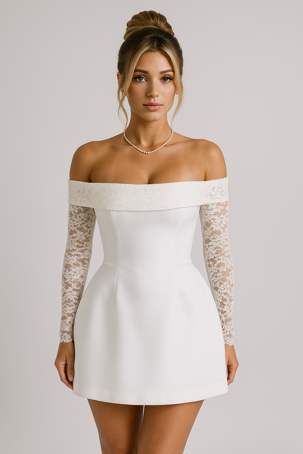 Off-Shoulder Mini Dress – A-Line Fit with Lace Long Sleeves