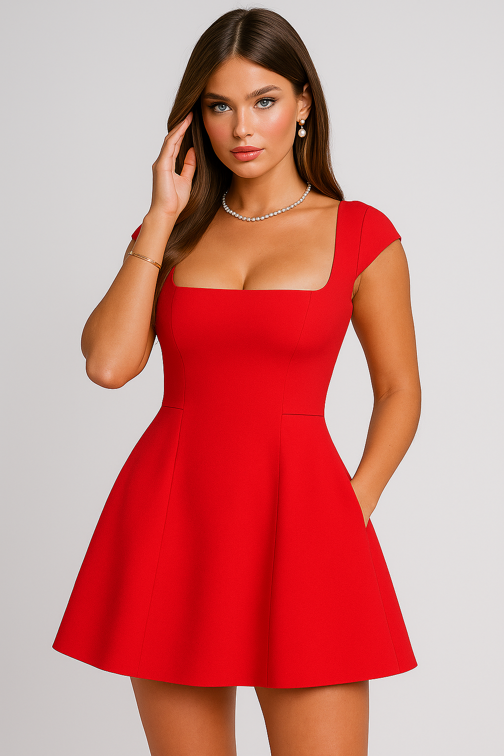 Fit & Flare Mini Dress – Square Neckline with Cap Sleeves