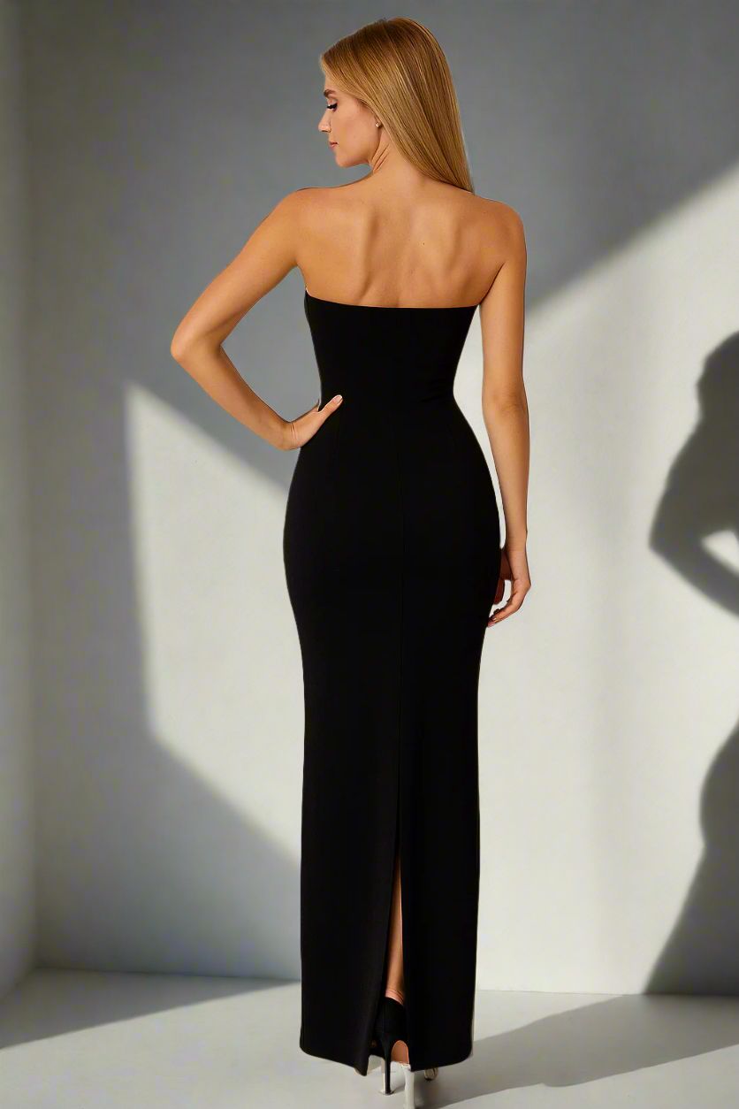 Strapless Black Maxi Dress – Elegant Cut-Out Club Look