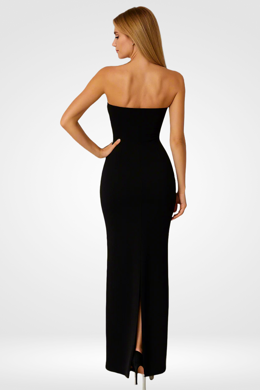 Robe longue noire sans bretelles – Look club élégant à découpes