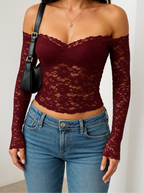 Lace Bardot Crop Top – Sheer Off-Shoulder Elegance