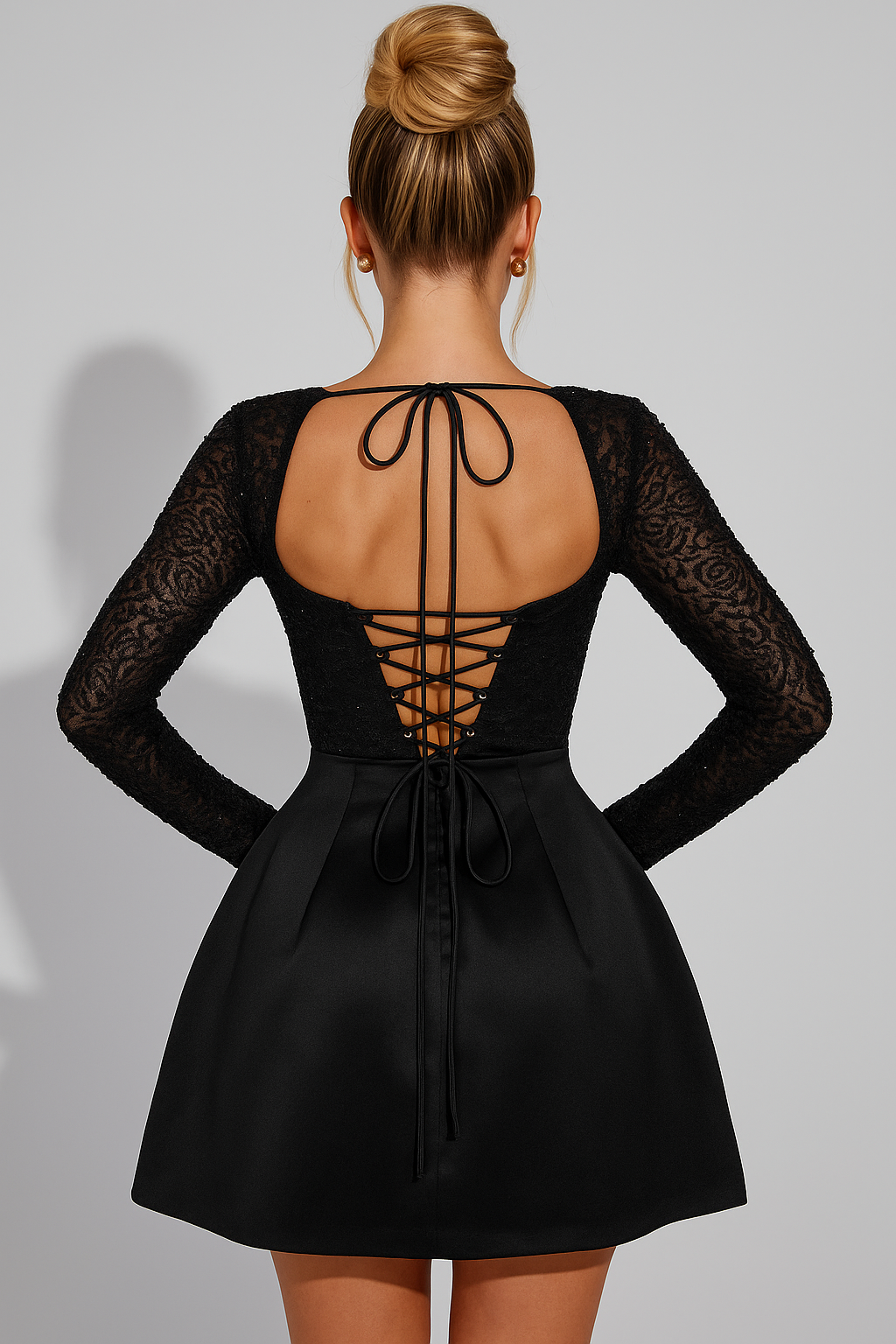 Evening Mini Dress – Open Back with Sheer Lace Sleeves