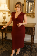 Ruched Midi Dress – Draped Front and V-Neck Elegance
