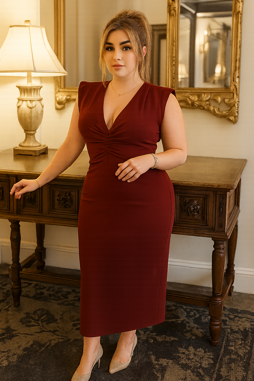 Ruched Midi Dress – Draped Front and V-Neck Elegance