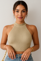 Ribbed Halter Crop Top – Sleeveless Knit Tank for Women