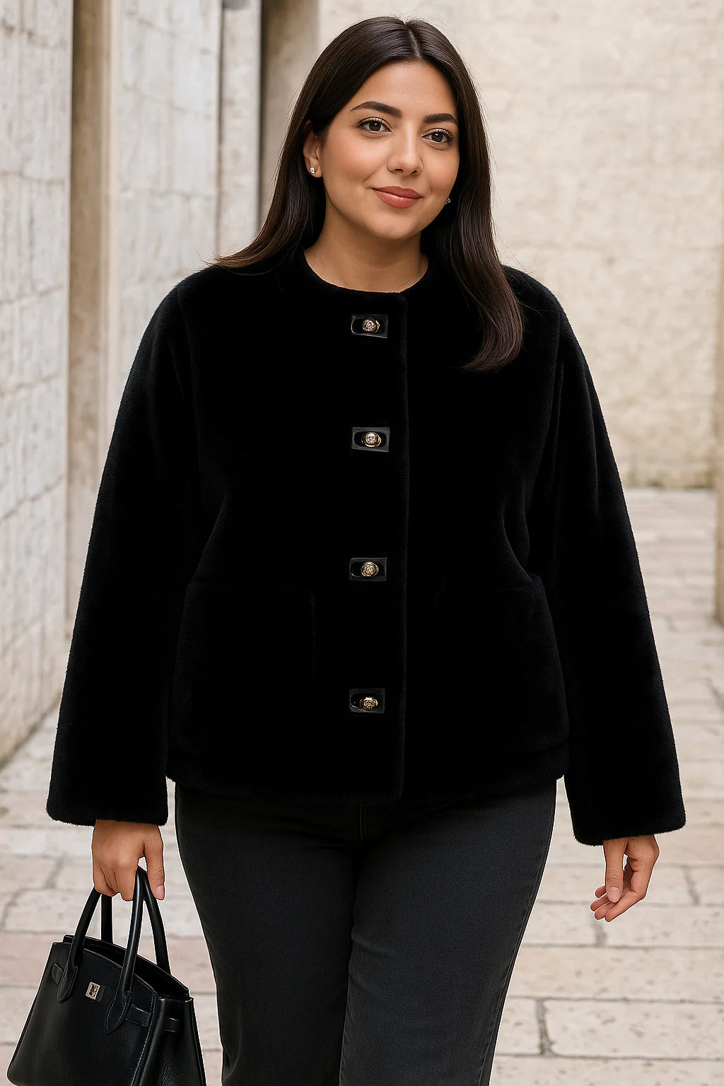 Black Velvet Short Coat – Buttoned Fall & Winter Jacket