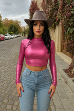 Metallic Slim Fit Long Sleeve Crop Top – Women’s Fashion Crew Neck Shimmer Shirt