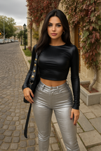 Metallic Slim Fit Long Sleeve Crop Top – Women’s Fashion Crew Neck Shimmer Shirt