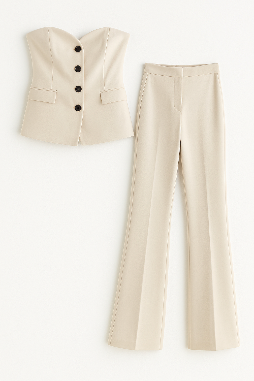 Strapless Chic – Buttoned Blazer & Slit Trouser Set
