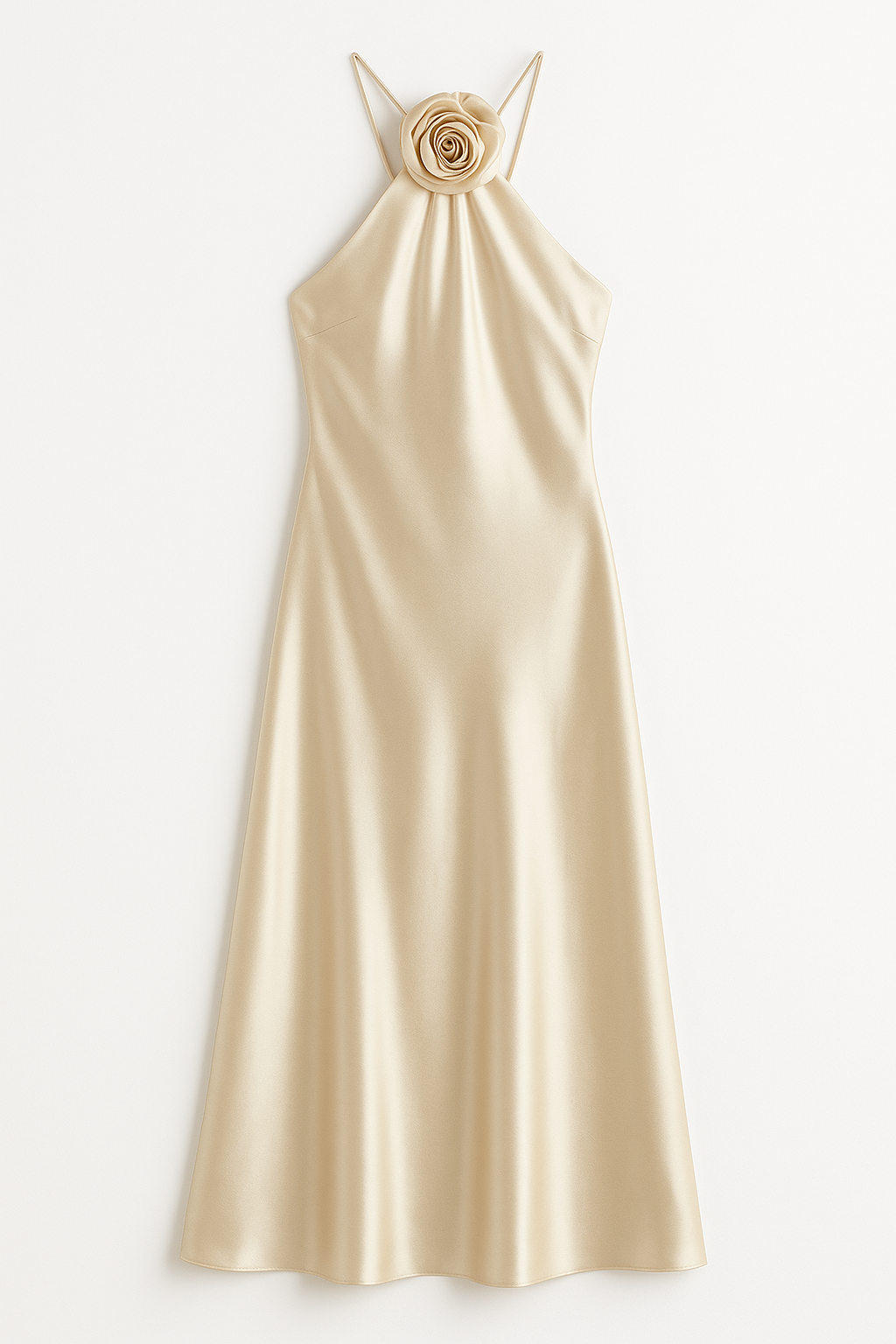 Satin Halterneck Dress– Rose Detail and Flowing Silhouette