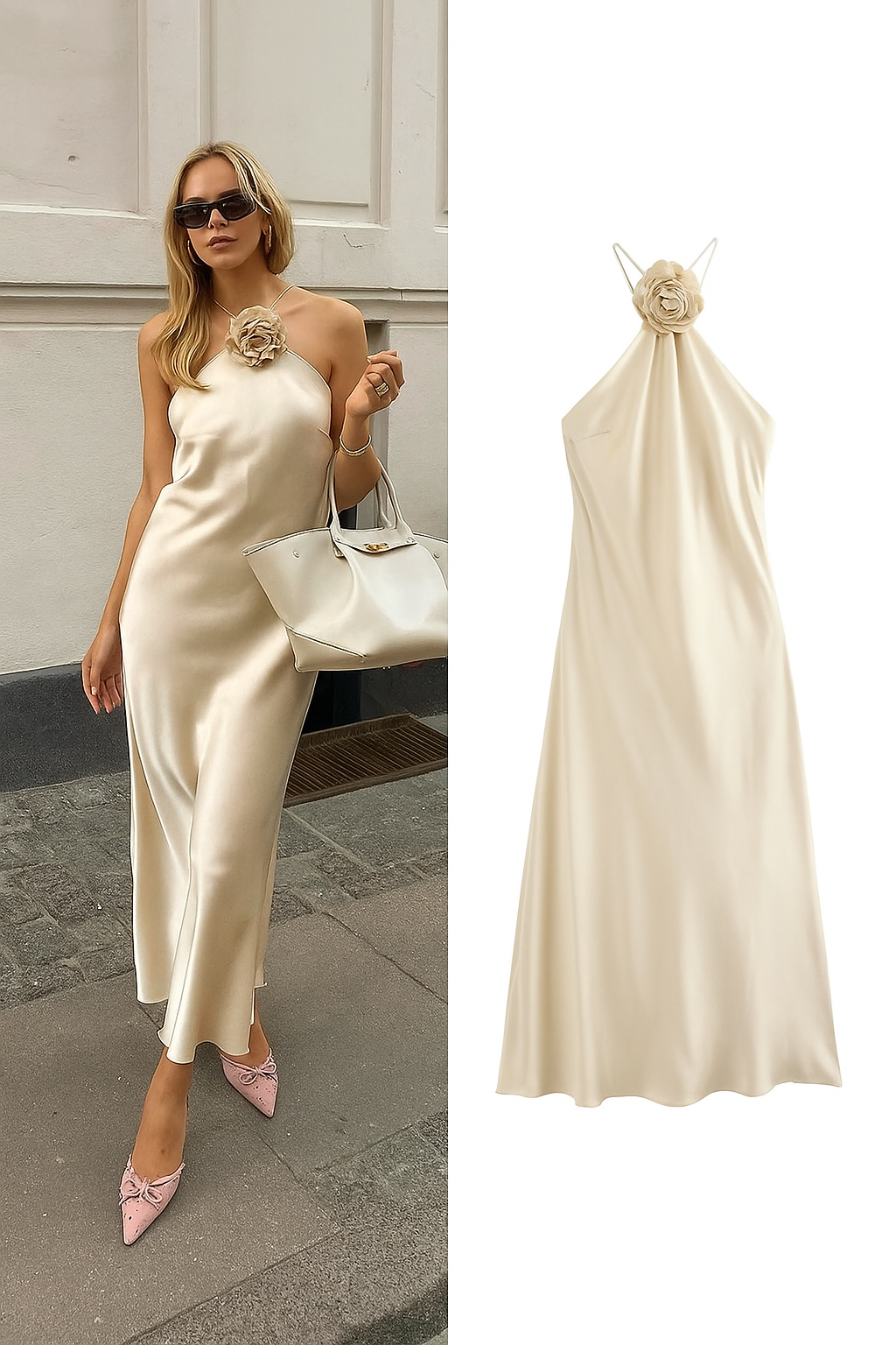 Robe dos nu en satin – Détail rose et silhouette fluide