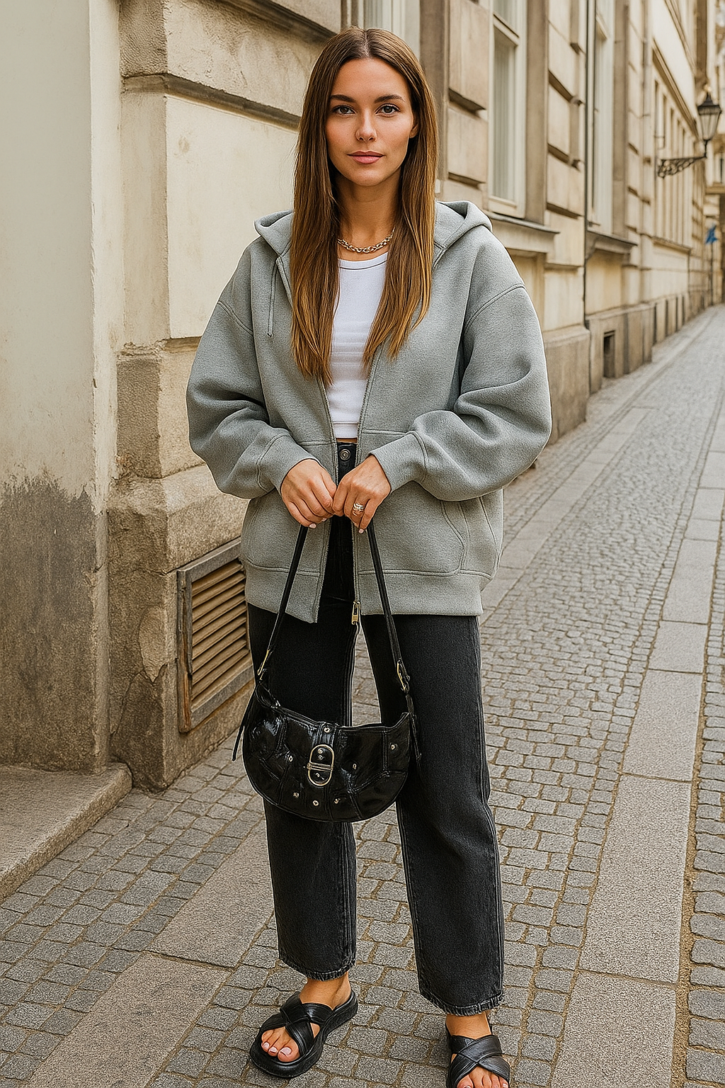 Dam Grå Zip-Up Hoodie med Fickor – Kontorsdam Stil
