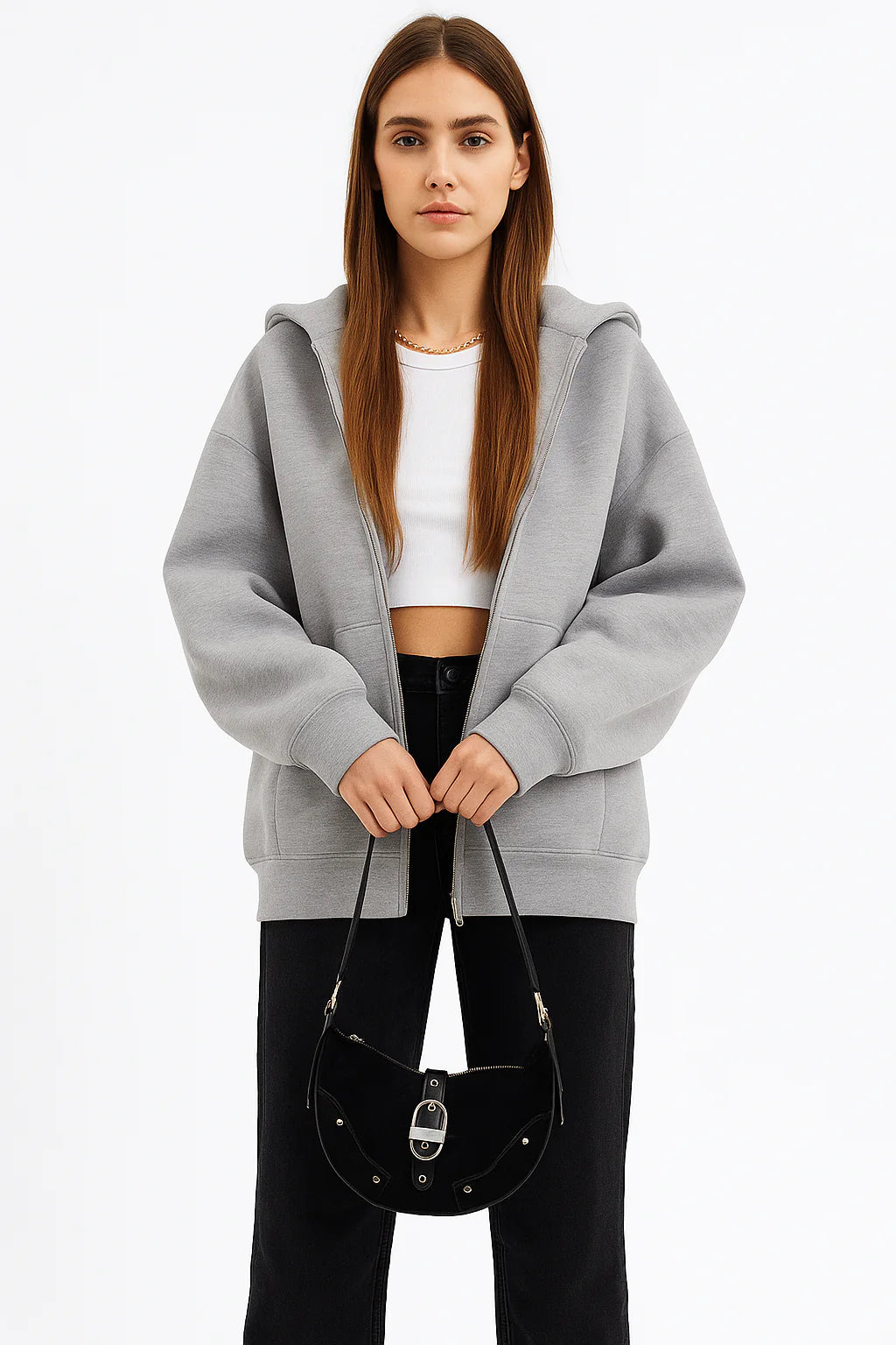 Sudadera gris con cremallera y bolsillos para mujer - Estilo oficinista