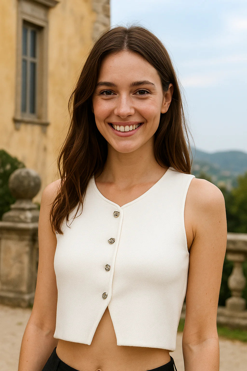 Dámská asymetrická pletená vesta – zkrácený top na knoflíky