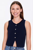 Women’s Asymmetrical Knit Vest – Cropped Button-Up Top