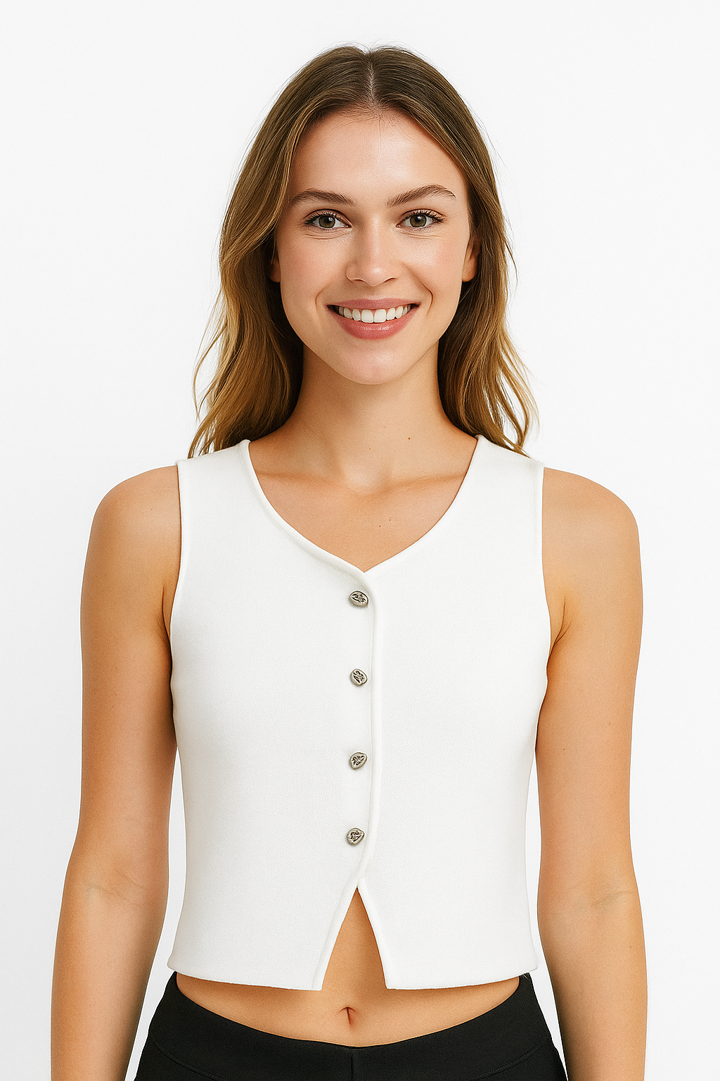 Dámská asymetrická pletená vesta – zkrácený top na knoflíky